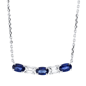 Collier 750 Weißgold 3 Saphire 1,08ct blau 2 Diamanten Smaragd-Schliff 0,5ct TW-SI