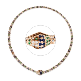 Collier Schlange aus 750 Rotgold 763 Saphire 10,22ct blau mit Brillanten L:50cm