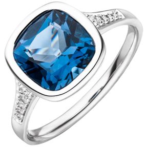 Ring aus 585 Gold Weißgold mit Blautopas London Blue & 10 Diamanten Brillanten