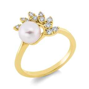 Ring 750 Gelbgold Süßwasser-Perle 6,5mm weiß 12 Diamanten 0,18ct TW-SI B:10,9mm