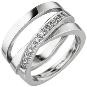 Breiter Ring gekreutzt 585 Gold Weißgold 12 Diamanten Brillanten 0,18 Ct W-SI