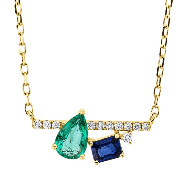 Collier aus 750 Gelbgold 2 Smaragde 11 Brillanten 0.06ct