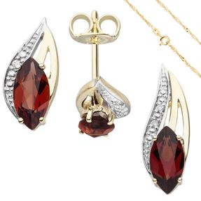 Schmuck-Set 585 Gelbgold Granate und Diamanten Ohrstecker Anhänger Kette 42cm