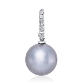 Anhänger aus 750 Weißgold Tahiti-Perle 10mm silbergrau 6 Brillanten 0,05ct W-SI