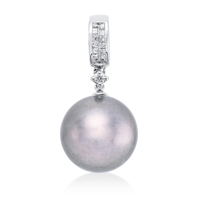 Anhänger aus 750 Weißgold Tahiti-Perle 11,5mm silbergrau 15 Diamanten 0,12ct W-SI