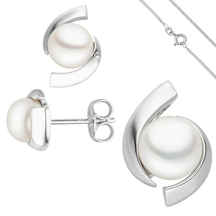 Schmuck-Set 333 Weißgold Süßwasser Perlen Kette 42cm