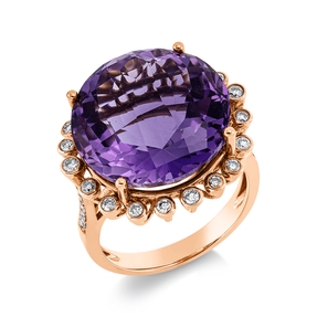 Ring aus 750 Rotgold Amethyst 14,29ct lila 34 Brillanten 0,39ct braun B:20,2mm
