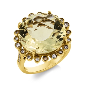 Ring 750 Gelbgold Lemonquarz 12,64ct grün 34 Brillanten 0,37ct fancy-PI B:20,2mm