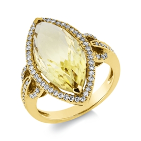 Ring aus 750 Gelbgold Lemonquarz 6,24ct grün 74 Brillanten 0,35ct TW-SI B:22mm
