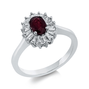 Ring aus 750 Weißgold Rubin 0,62ct rot 16 Diamanten Trapez-Schliff 0,44ct F-VSI