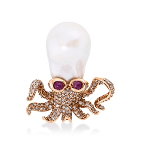 Anhänger aus 750 Rotgold 15,9mm Süßwasser-Perle barock 2 Rubine 0,54ct rot