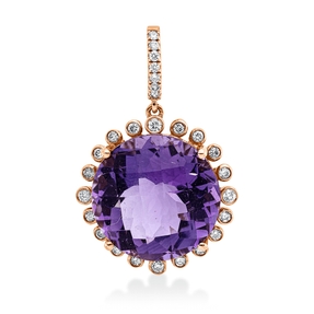 Anhänger 750 Rotgold Amethyst 13,28ct lila 27 Brillanten 0,34ct braun 32,5x17,6mm