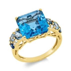 Ring aus 750 Gelbgold 9 Saphire 9,6ct blau 5 Brillanten 0,12ct TW-SI B:11,1mm
