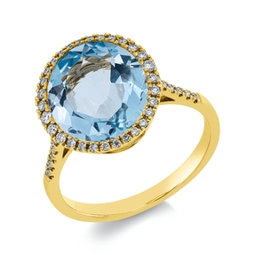 Ring aus 750 Gelbgold Topas 5,4ct skyblue 44 Brillanten 0,25ct TW-SI B:13,7mm