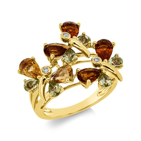 Ring aus 750 Gelbgold 12 Peridote 3,1ct grün 3 Brillanten 0,04ct TW-SI B:18,7mm