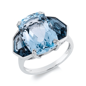 Ring aus 750 Gold Weißgold 3 Topase 12,3ct London Blue B:12mm
