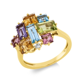 Ring aus 750 Gelbgold 8 Farbsteine 3,7ct mehrfarbig Brillant 0,04ct TW-SI B:14,8mm