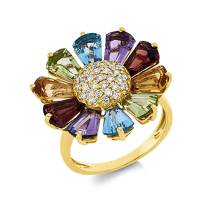 Ring aus 750 Gelbgold 10 Farbsteine 6,2ct mehrfarbig 31 Brillanten 0,28ct TW-SI