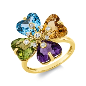 Ring 750 Gelbgold 4 Farbsteine 8,4ct mehrfarbig 9 Brillanten 0,13ct TW-SI B:18,8mm