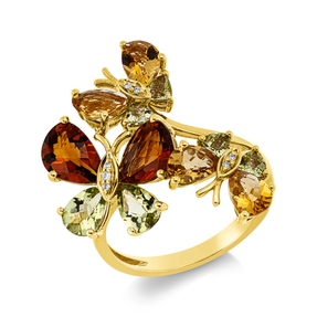 Ring Schmetterling aus 750 Gelbgold 12 Farbsteine 3,6ct mehrfarbig mit Brillanten