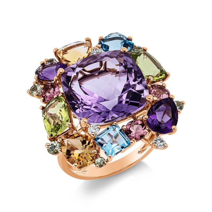 Ring aus 750 Rotgold 18 Farbsteine 3 Brillanten 0.12ct