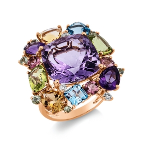 Ring 750 Rotgold 18 Farbsteine 17,6ct mehrfarbig 3 Brillanten 0,12ct TW-SI B:23mm