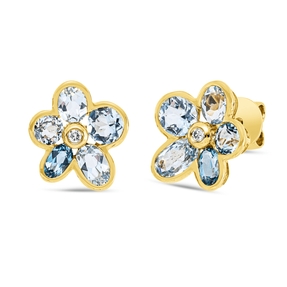 Ohrstecker Blume aus 750 Gelbgold 10 Topase 4,5ct blau 2 Brillanten 0,04ct TW-SI