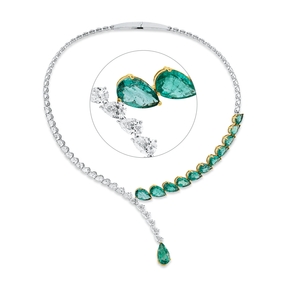 Collier aus 750 Gold gelb/weiß 12 Smaragde 21,74ct grün mit Diamanten L:35,6cm