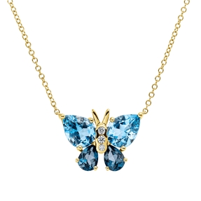 Collier Schmetterling aus 750 Gelbgold 4 Topase 3,7ct London Blue mit Brillanten