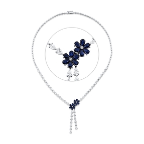 Collier aus 750 Weißgold 12 Saphire 2,61ct blau 44 Diamanten 6,47ct F-SI L:45cm