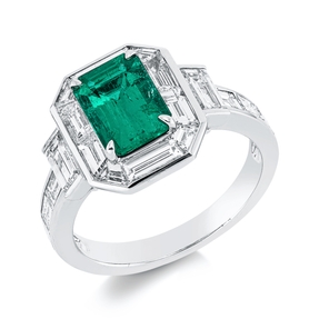 Ring aus 750 Weißgold Smaragd 1,31ct grün 18 Diamanten 1,93ct TW-SI B:12,7mm