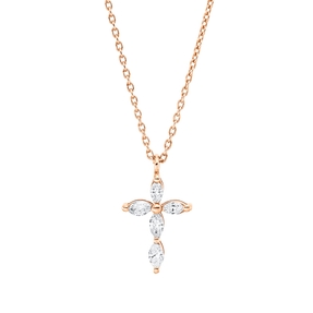 Collier Kreuz aus 750 Rotgold 5 Diamanten Navette-Schliff 0,25ct F-SI L:45cm