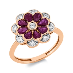 Ring aus 750 Rotgold 8 Rubine 1,05ct rot 9 Diamanten 0,26ct TW-SI B:14,2mm