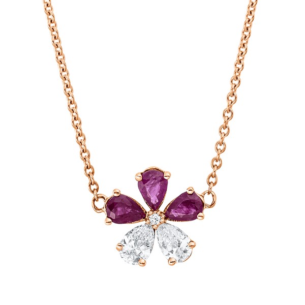 Collier aus 750 Rotgold 3 Rubine 3 Brillanten 0.45ct