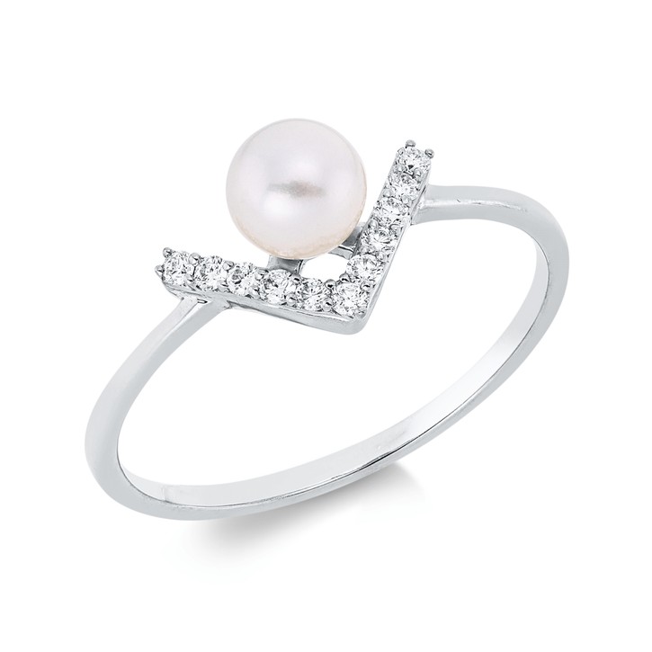 Ring aus 750 Weißgold Süßwasser-Perle 11 Brillanten 0.08ct