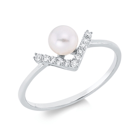 Ring aus 750 Weißgold Süßwasser-Perle 5,2mm weiß 11 Brillanten 0,08ct TW-VSI/SI