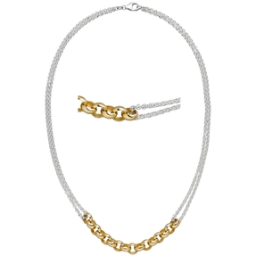 Halskette Collier 2-reihig Erbskette & Ankerkette 925 Silber teilvergoldet 42cm