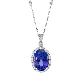 Collier aus 750 Weißgold Tansanit 8,44ct blau 38 Brillanten 0,62ct TW-SI L:45,7cm