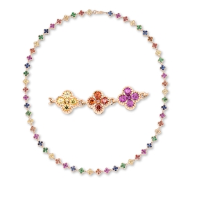 Collier aus 750 Gold Rotgold 285 Saphire 9,54ct mehrfarbig L:45cm