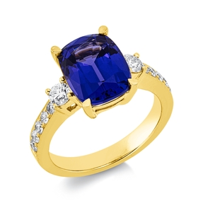 Ring aus 750 Gelbgold Tansanit 4,51ct blau 12 Brillanten 0,56ct TW-SI B:11,4mm