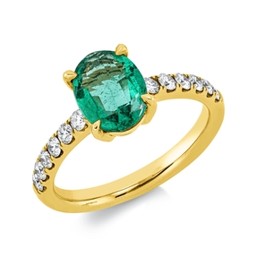 Ring aus 750 Gelbgold Smaragd 1,44ct grün 12 Brillanten 0,41ct TW-SI B:10,4mm