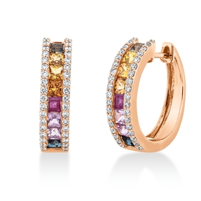 Creolen aus 750 Rotgold 16 Saphire 1,46ct mehrfarbig 72 Brillanten 0,34ct TW-SI Creolen aus 750 Rotgold 16 Saphire 1,46ct mehrfarbig 72 Brillanten 0,34ct TW-SI