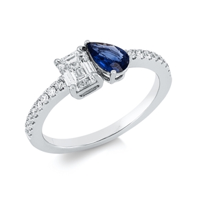 Ring aus 750 Weißgold Saphir 0,32ct blau 17 Diamanten 0,77ct TW-SI B:6,2mm