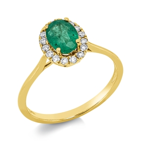 Ring aus 750 Gelbgold Smaragd 0,86ct grün 16 Brillanten 0,16ct TW-SI B:10mm