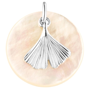 Anhänger Ginkgoblatt aus 925 Silber rhodiniert mit Perlmutt Ø 20mm