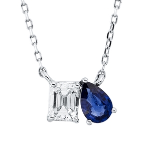 Collier aus 750 Weißgold Saphir 0,42ct blau Diamant Smaragd-Schliff 0,52ct TW-SI