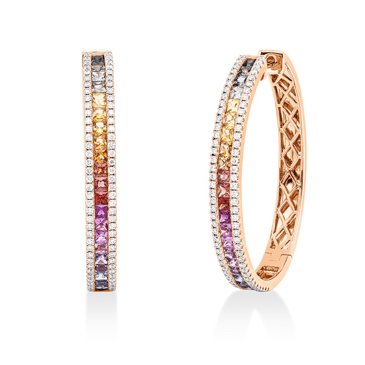 Creolen aus 750 Rotgold 44 Farbsteine 156 Brillanten 0.69ct