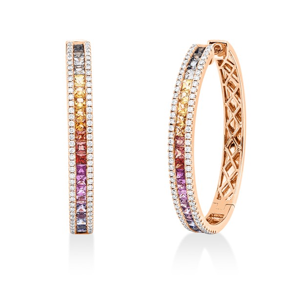 Creolen aus 750 Rotgold 44 Farbsteine 156 Brillanten 0.69ct