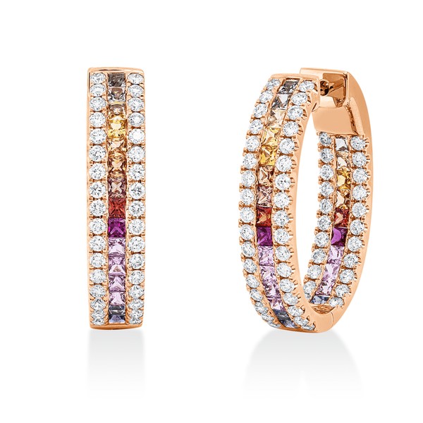 Creolen aus 750 Rotgold 50 Farbsteine 112 Brillanten 1.51ct