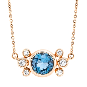Collier aus 750 Rotgold Topas 1,16ct London Blue 6 Brillanten 0,12ct TW-PI L:47cm